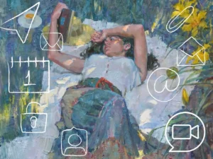 A painting of a woman lying on the ground, absorbed in her book, surrounded by a serene outdoor setting.