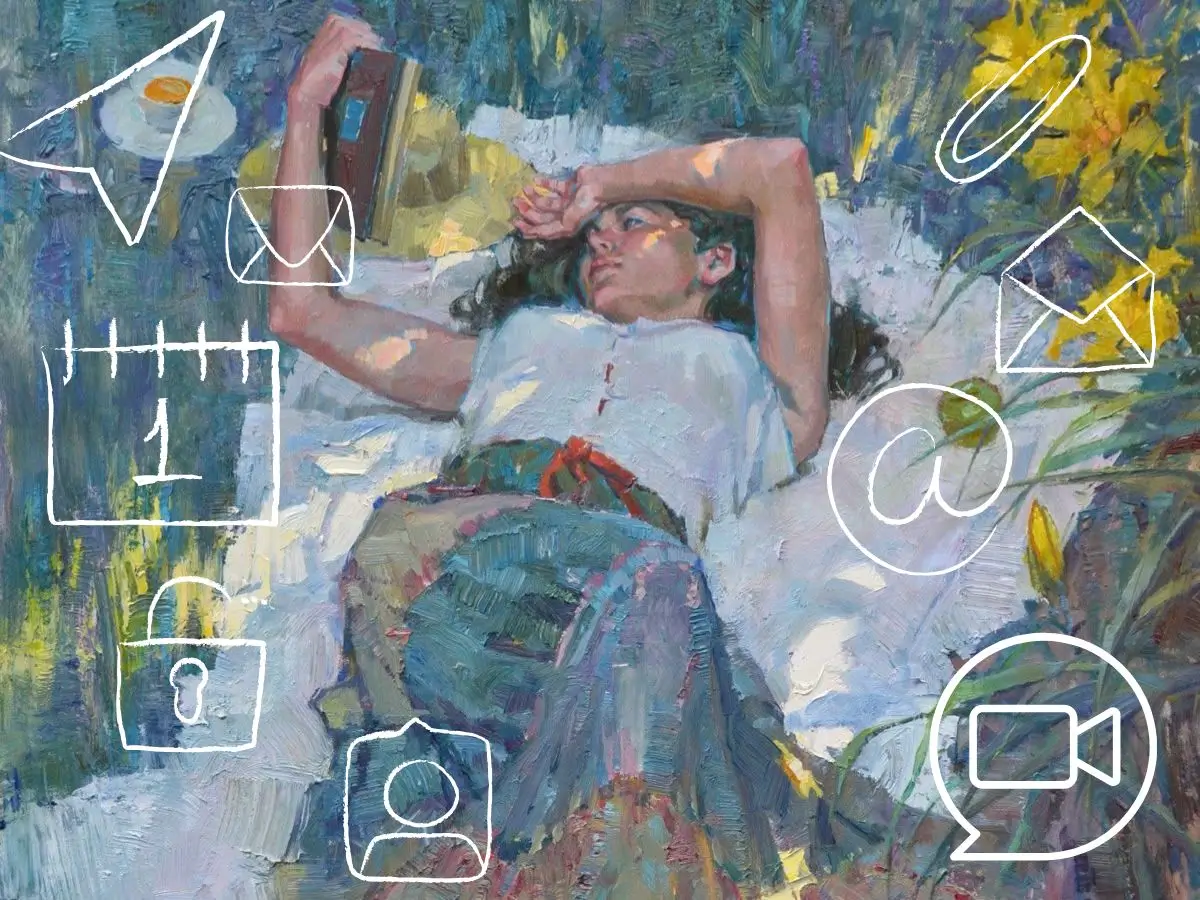 A painting of a woman lying on the ground, absorbed in her book, surrounded by a serene outdoor setting.