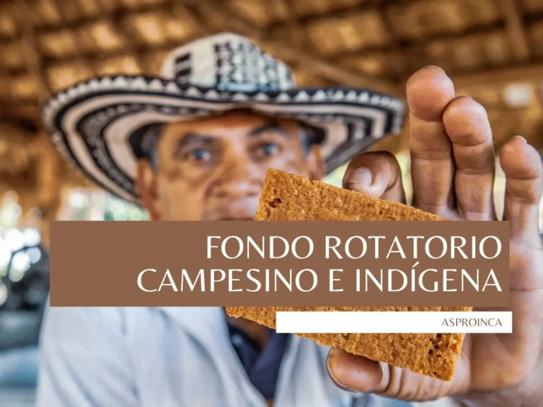 Un hombre con un sombrero voltiado sostiene un trozo rectangular de panela. El texto superpuesto dice: «Fondo Rotatorio Campesino e Indígena, ASPROINCA».